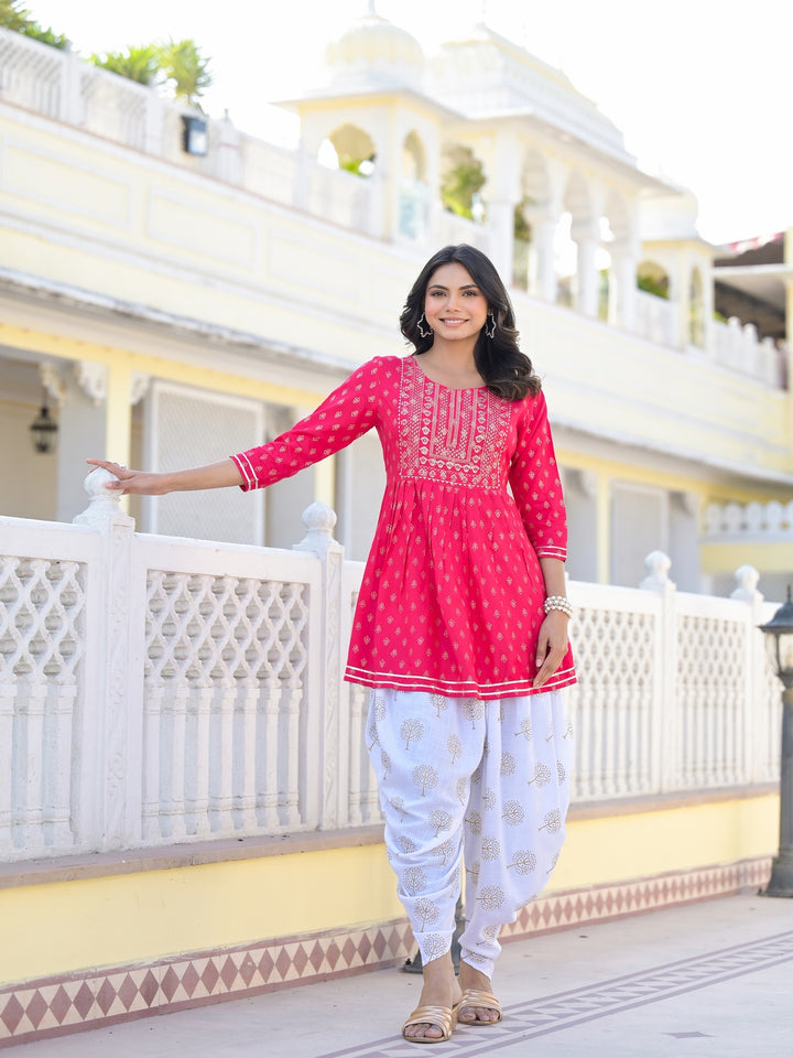 Printed &amp; Embroidered Rayon Kurti with Dhoti Pant