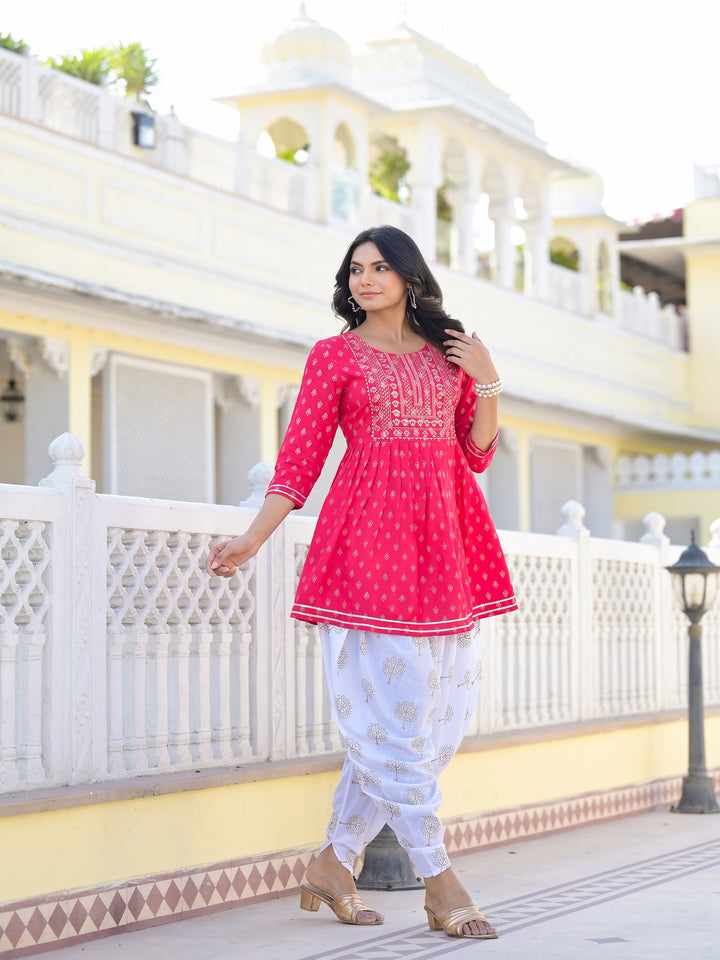 Printed &amp; Embroidered Rayon Kurti with Dhoti Pant