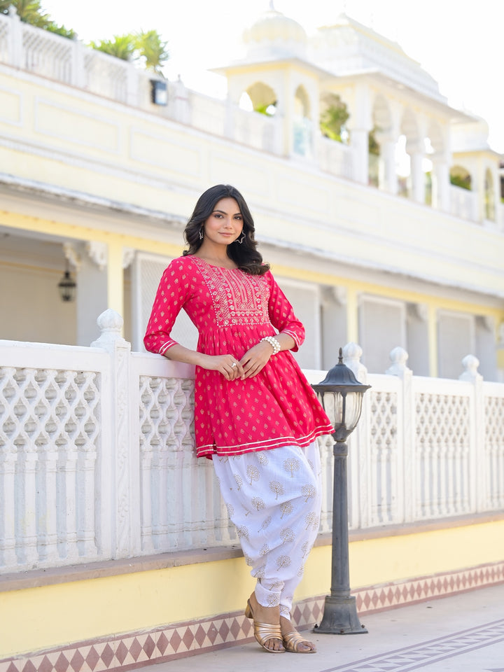 Printed &amp; Embroidered Rayon Kurti with Dhoti Pant
