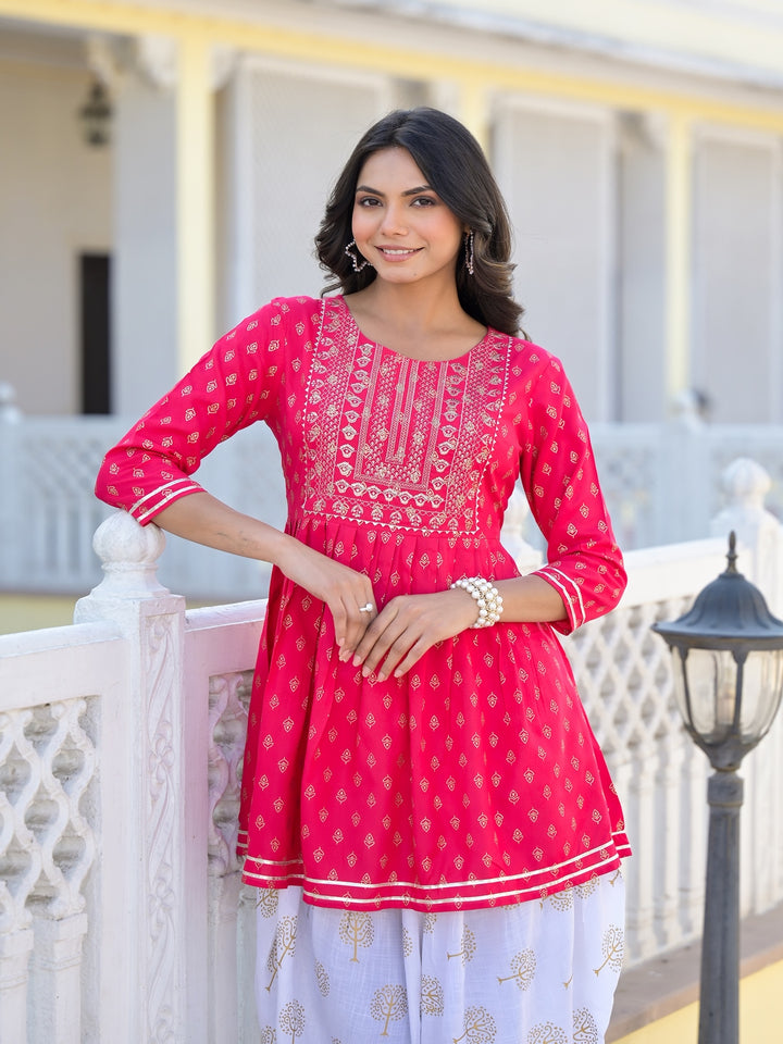 Printed &amp; Embroidered Rayon Kurti with Dhoti Pant