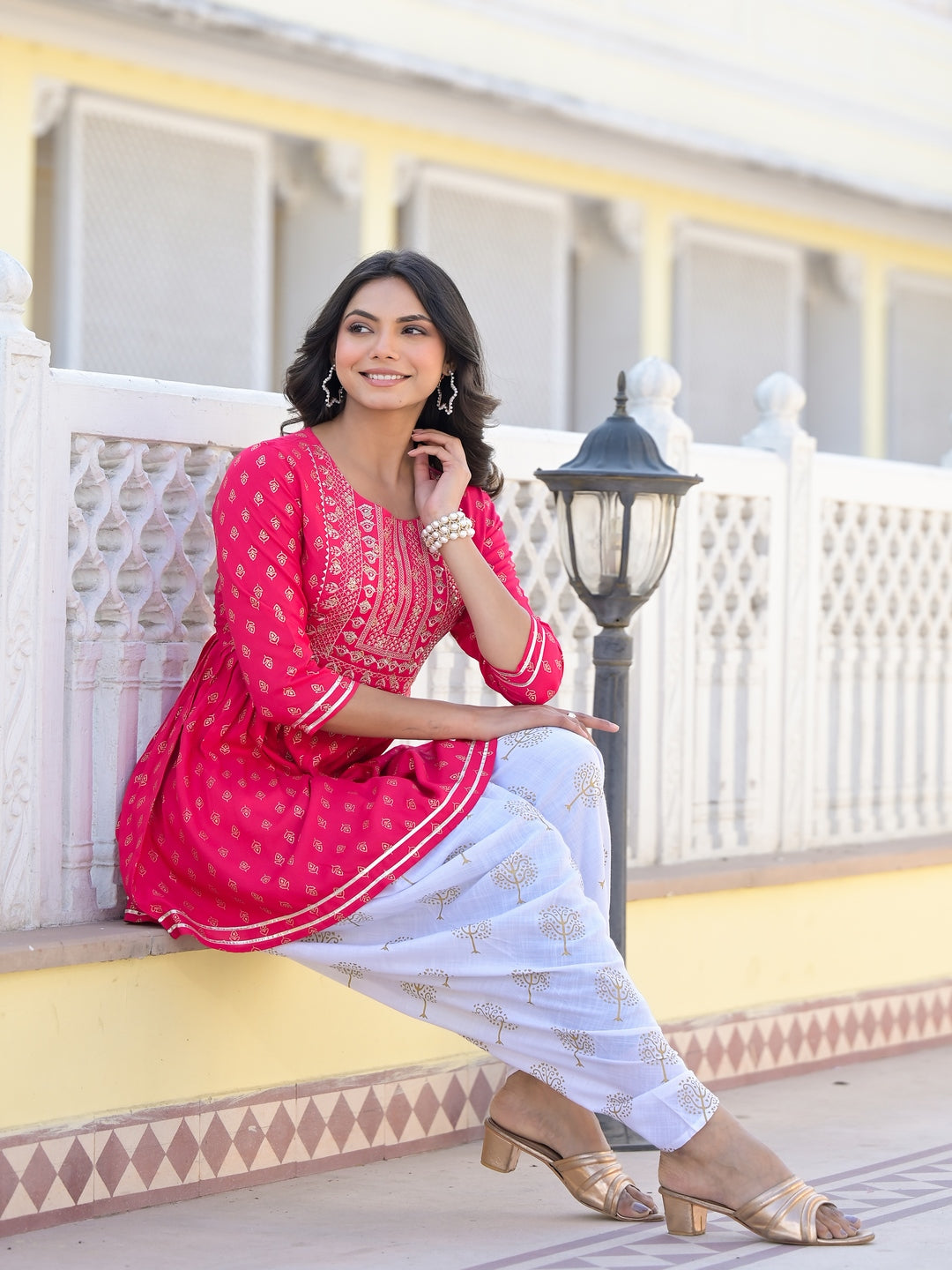 Printed &amp; Embroidered Rayon Kurti with Dhoti Pant