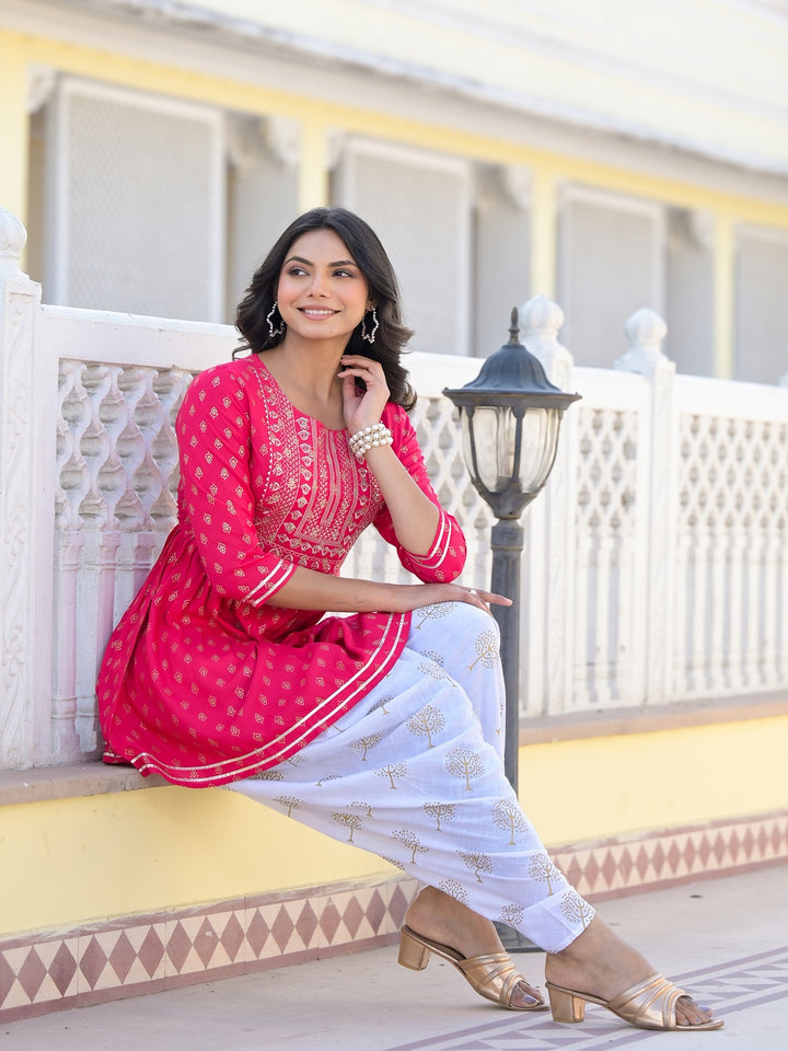 Printed &amp; Embroidered Rayon Kurti with Dhoti Pant