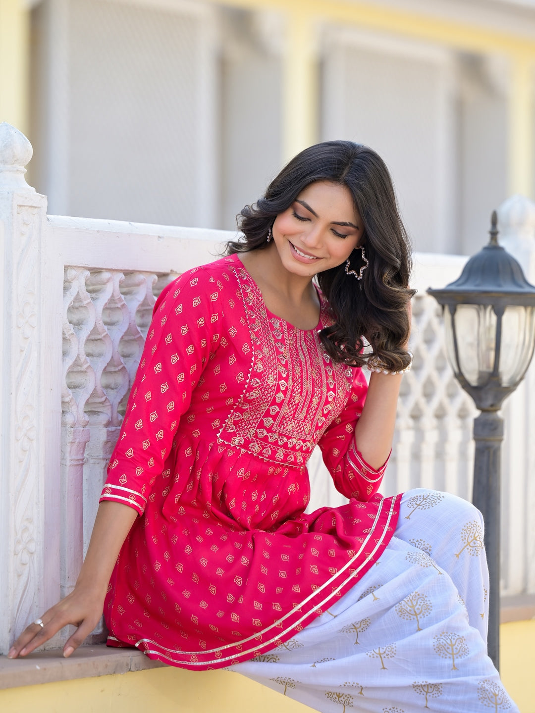 Printed &amp; Embroidered Rayon Kurti with Dhoti Pant