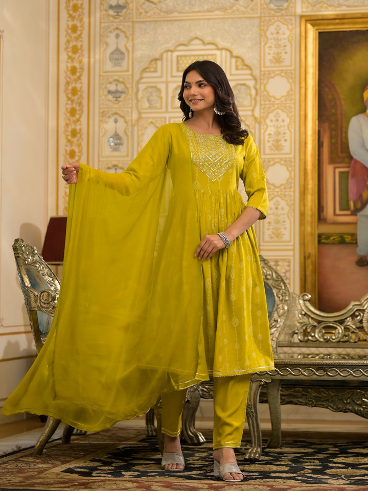Printed &amp; Embroidered Naira Cut Kurta Pant Dupatta Set