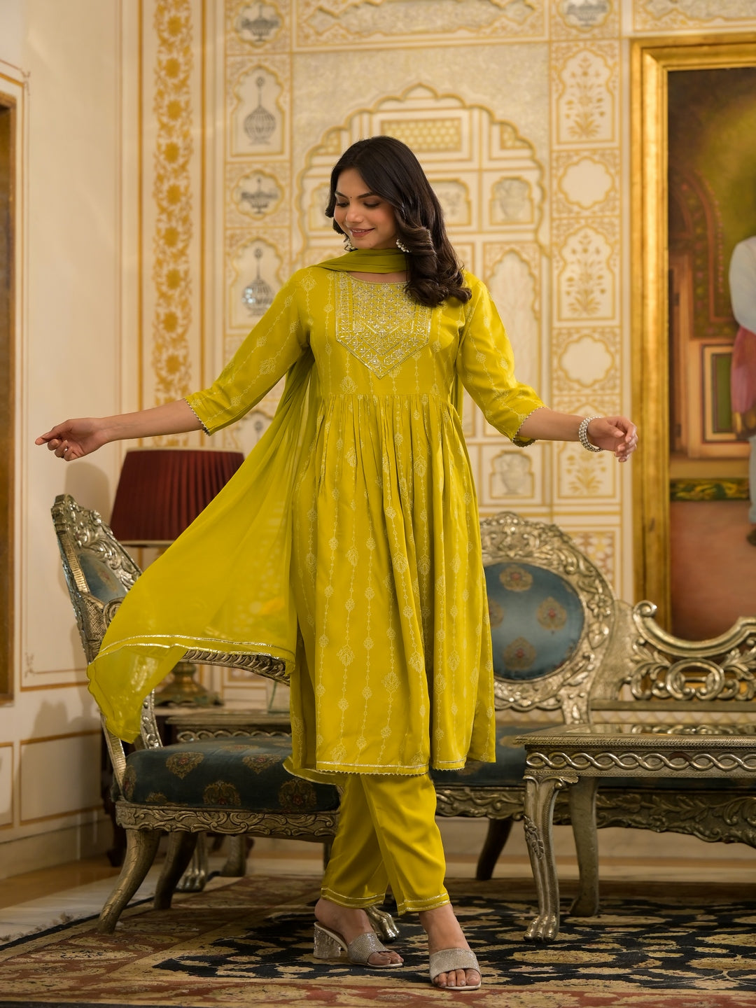 Printed &amp; Embroidered Naira Cut Kurta Pant Dupatta Set