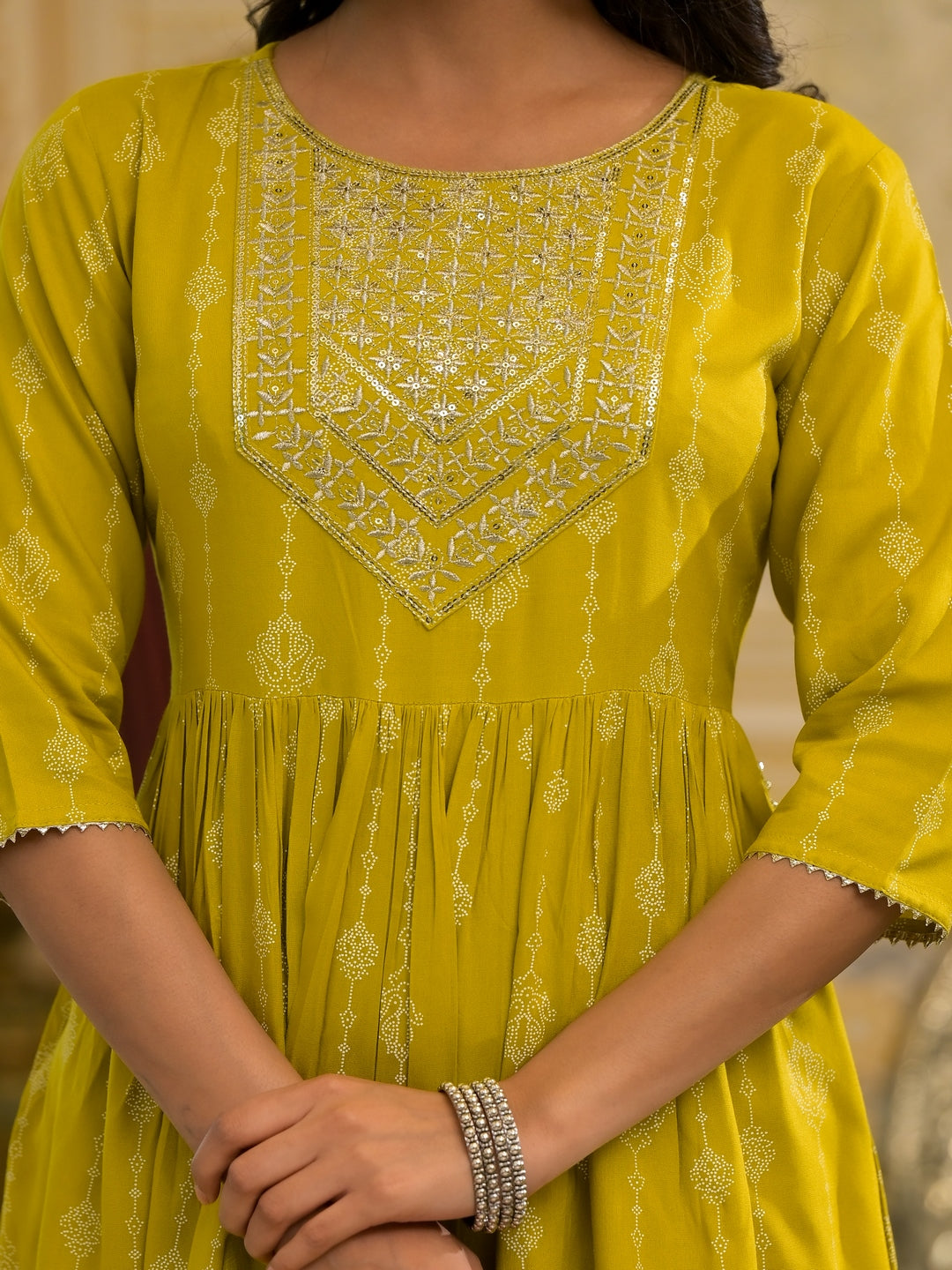 Printed &amp; Embroidered Naira Cut Kurta Pant Dupatta Set