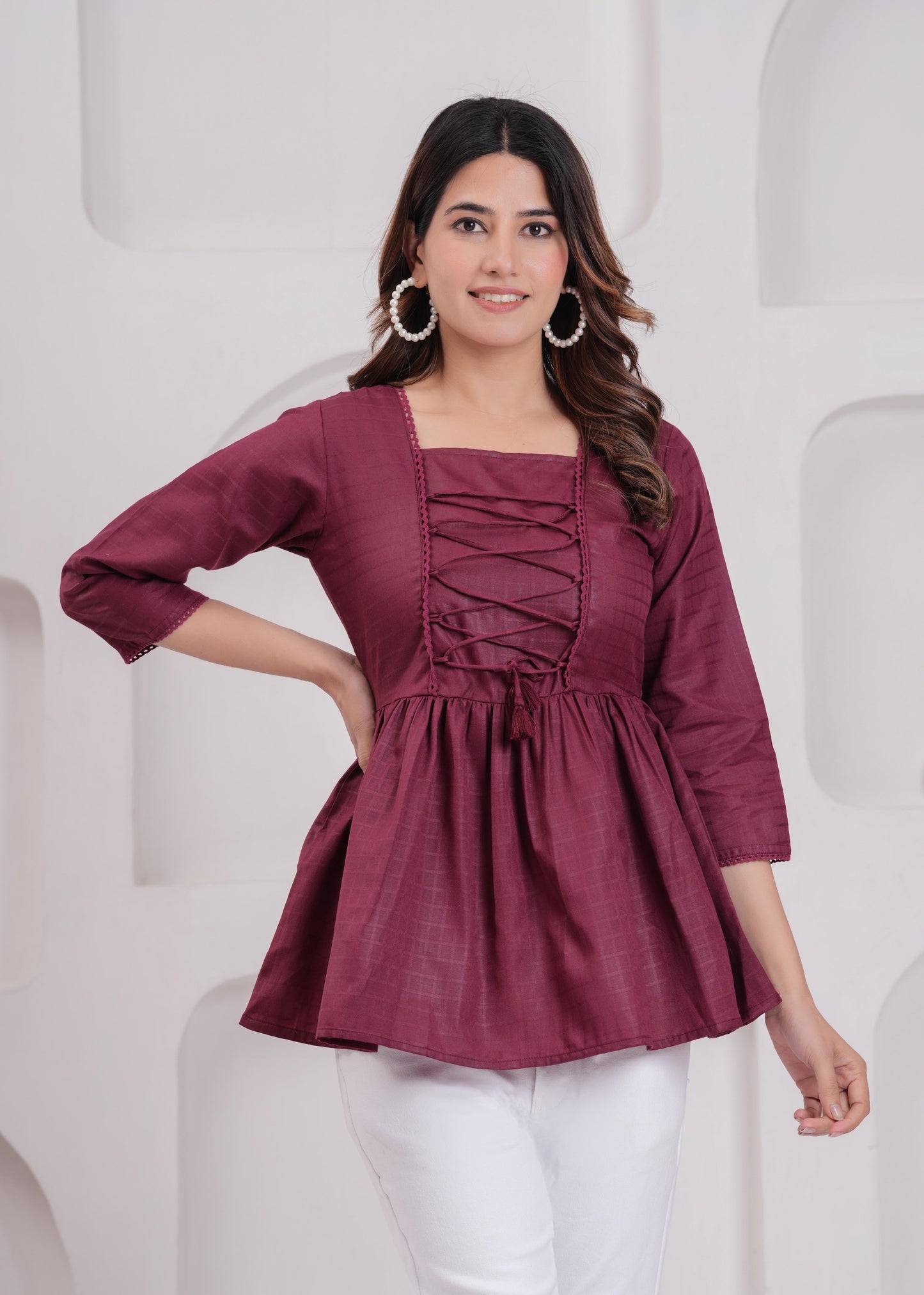 Burgundy Printed V-Neck Peplum Tunic