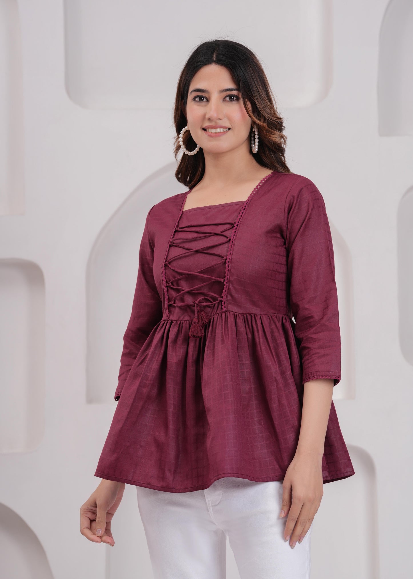 Burgundy Printed V-Neck Peplum Tunic