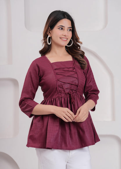 Burgundy Printed V-Neck Peplum Tunic