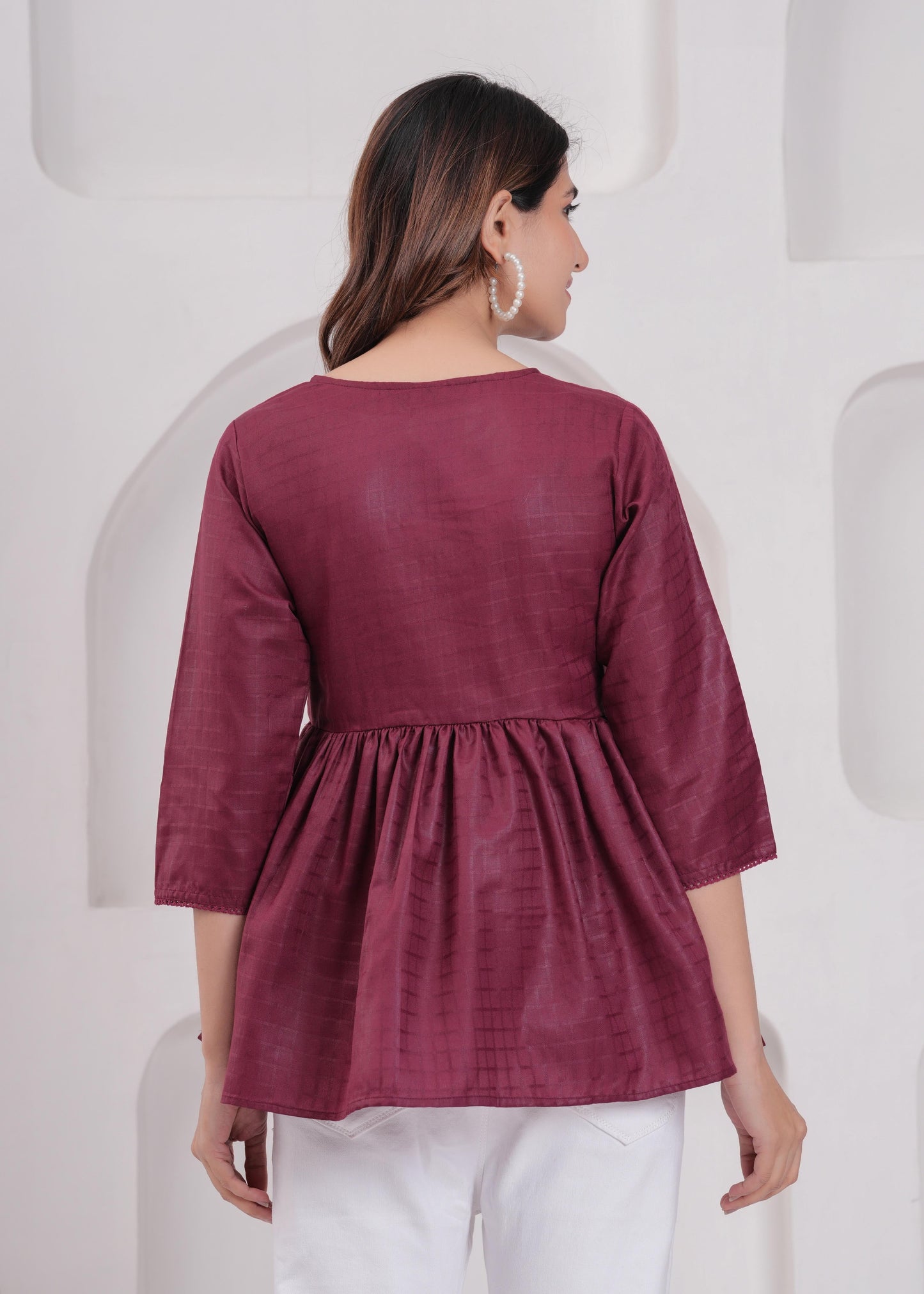 Burgundy Printed V-Neck Peplum Tunic