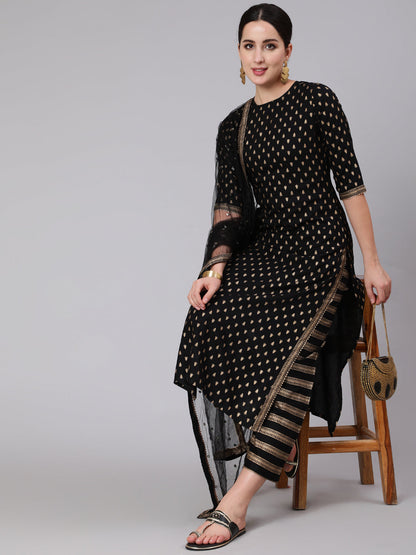 Black Gold Printed Straight Kurta Set With Net Dupatta