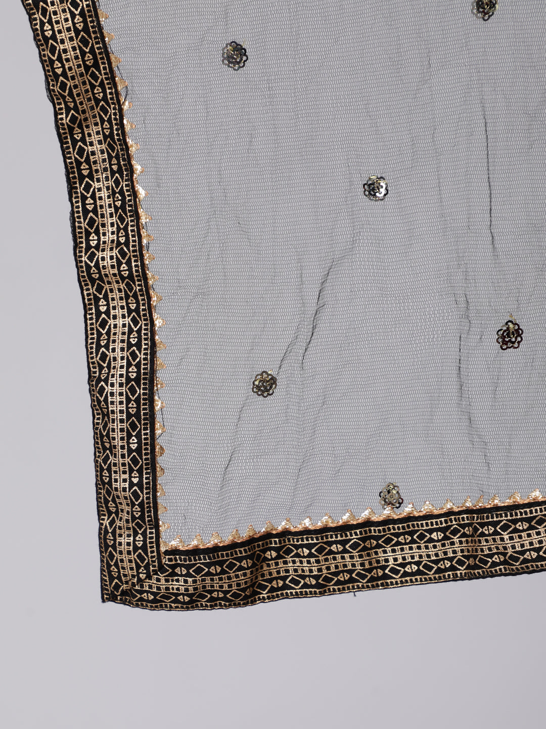 Black Gold Printed Straight Kurta Set With Net Dupatta