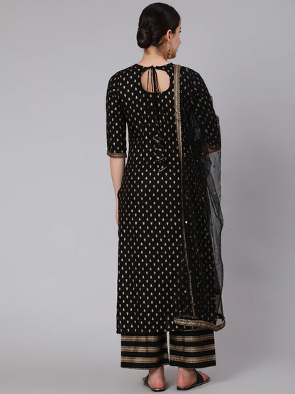 Black Gold Printed Straight Kurta Set With Net Dupatta