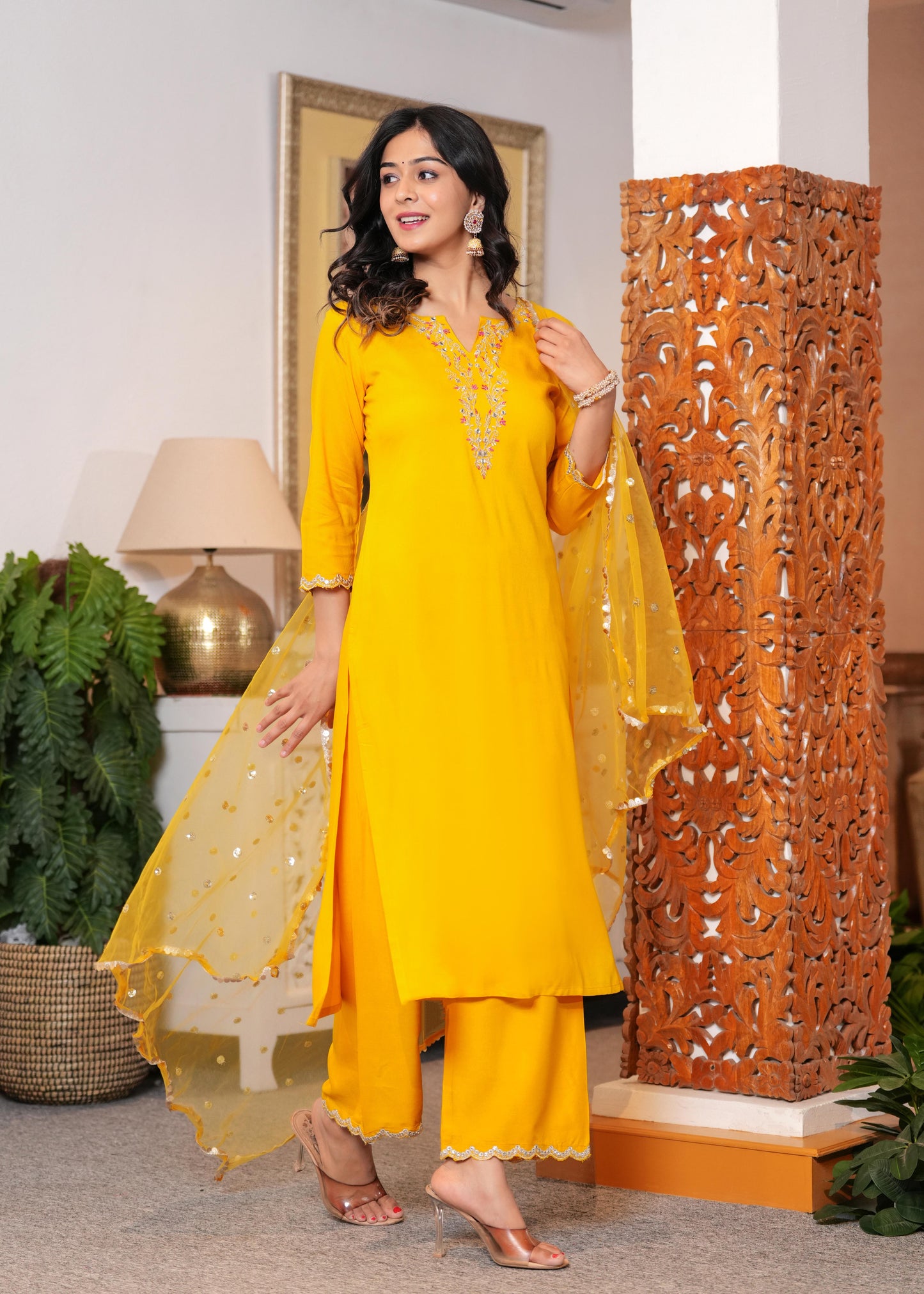 Yellow Embroidered Straight Kurta With Palazzo And Dupatta