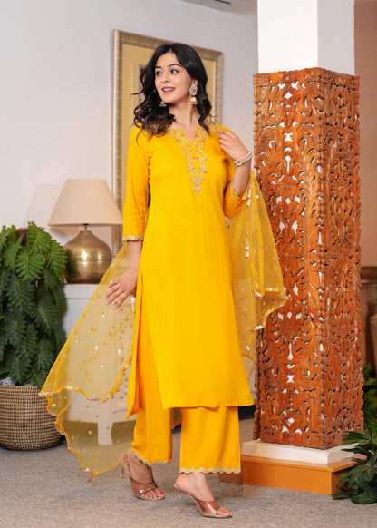 Yellow Embroidered Straight Kurta With Palazzo And Dupatta