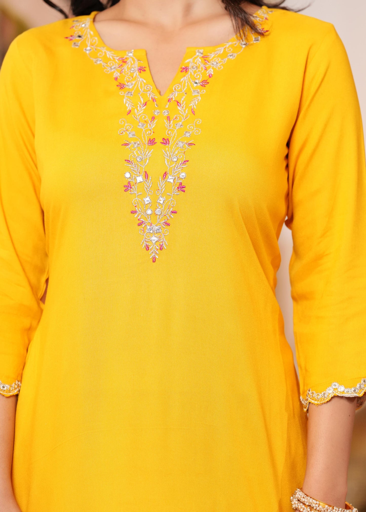Yellow Embroidered Straight Kurta With Palazzo And Dupatta
