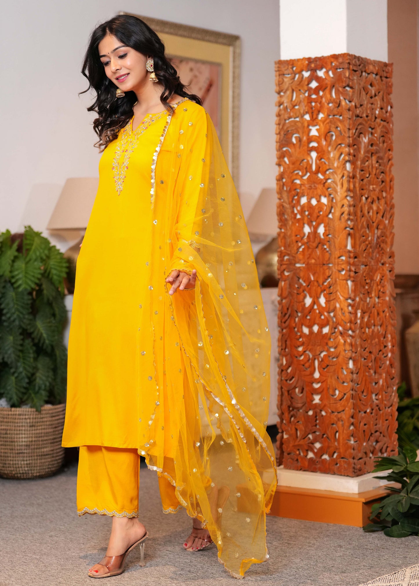 Yellow Embroidered Straight Kurta With Palazzo And Dupatta