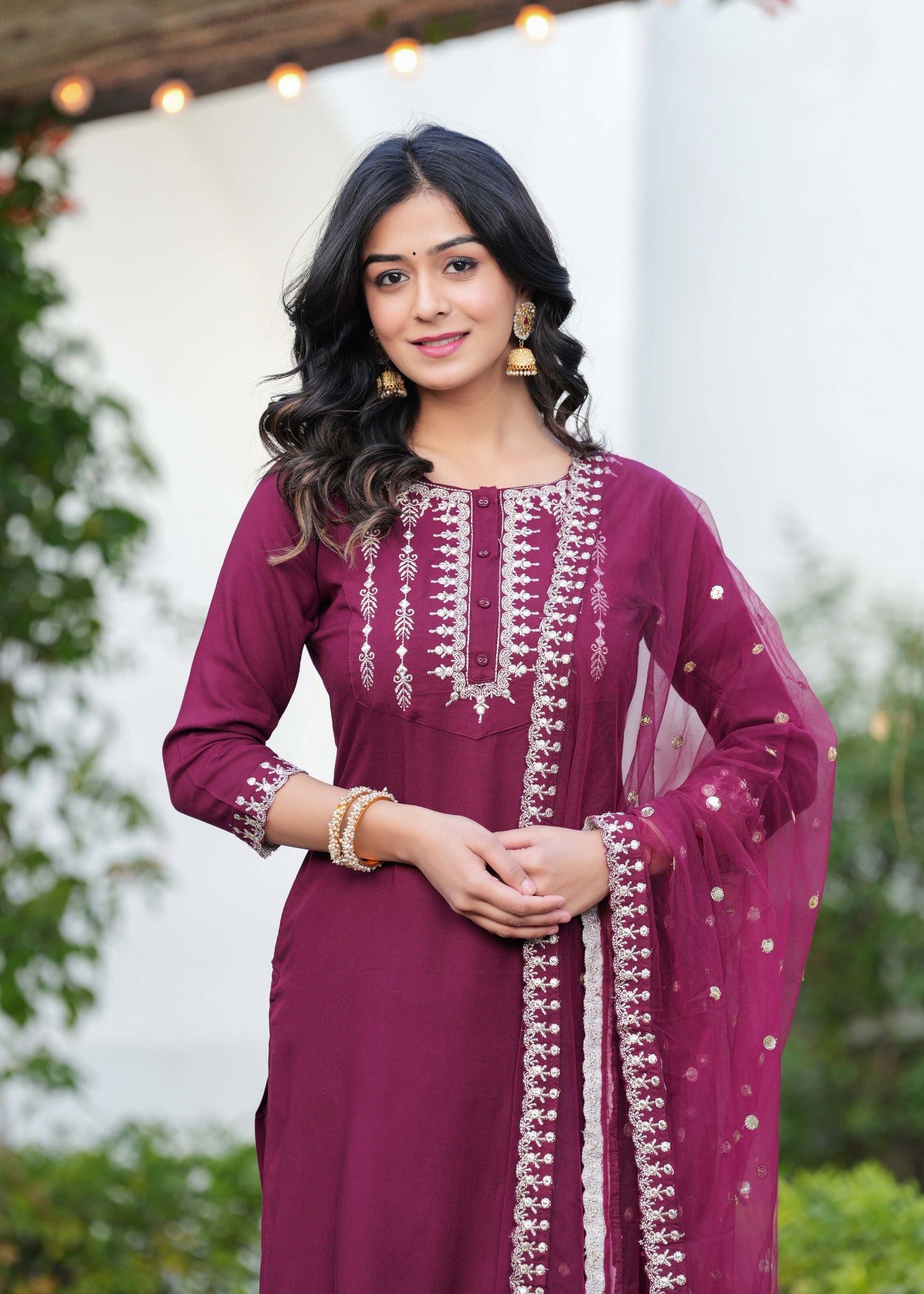 Burgundy Embroidered Straight Kurta With Palazzo And Dupatta