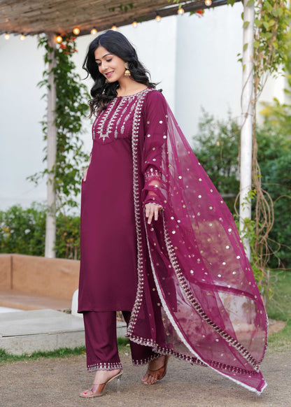 Burgundy Embroidered Straight Kurta With Palazzo And Dupatta
