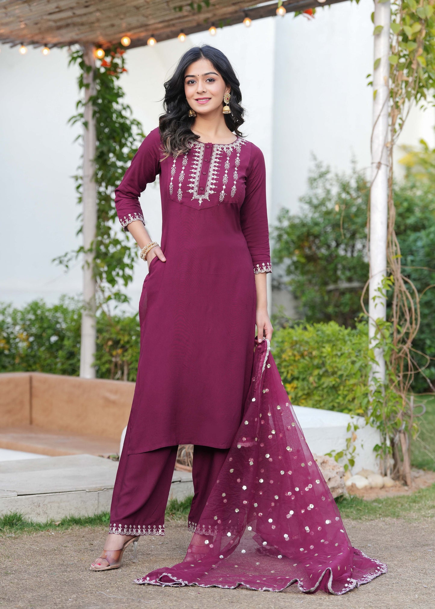 Burgundy Embroidered Straight Kurta With Palazzo And Dupatta