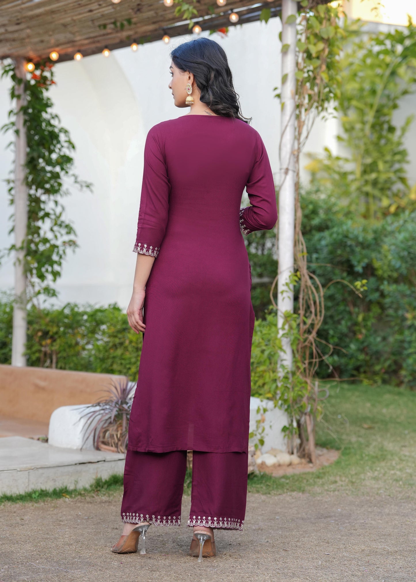 Burgundy Embroidered Straight Kurta With Palazzo And Dupatta