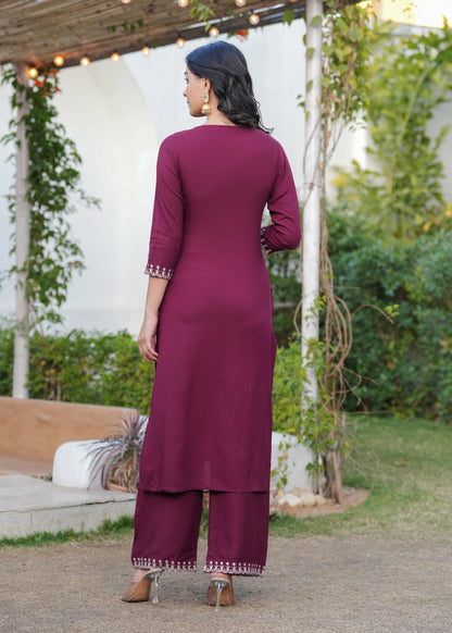 Burgundy Embroidered Straight Kurta With Palazzo And Dupatta