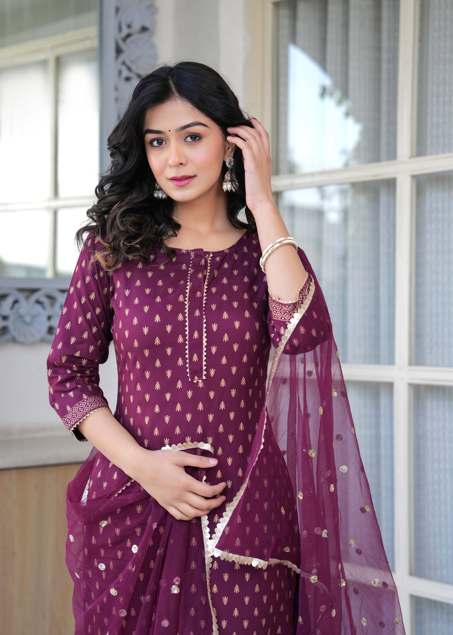 Burgundy Gold Printed Straight Kurta Set With Net Dupatta