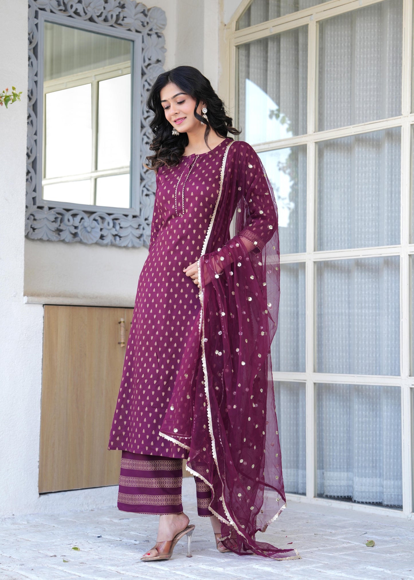 Burgundy Gold Printed Straight Kurta Set With Net Dupatta