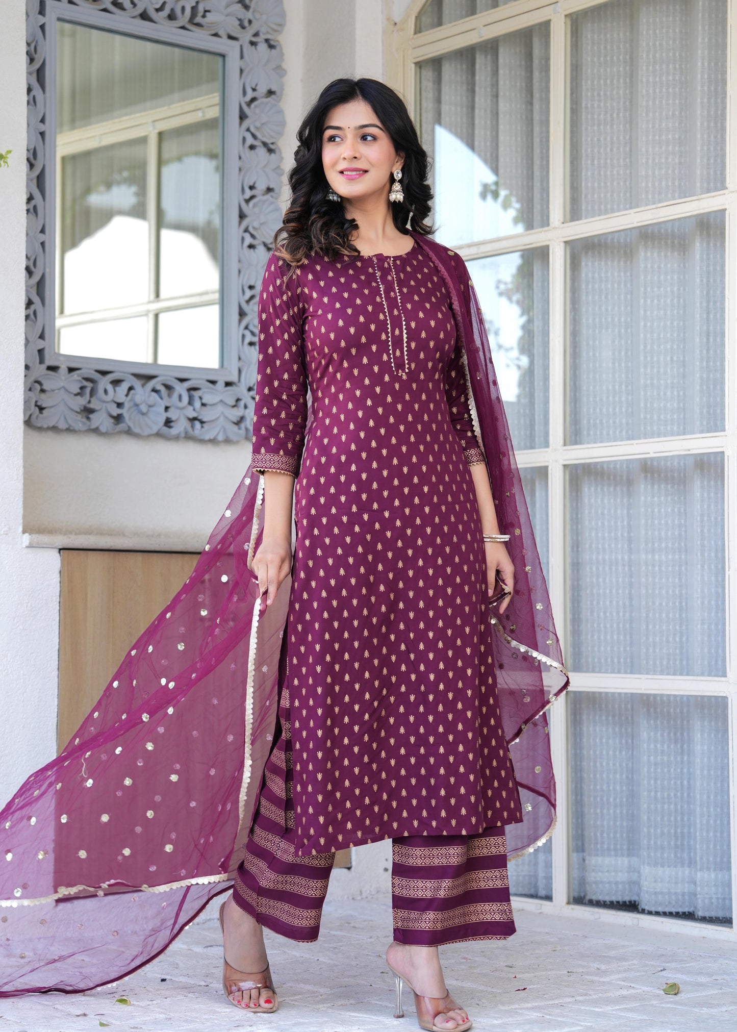Burgundy Gold Printed Straight Kurta Set With Net Dupatta