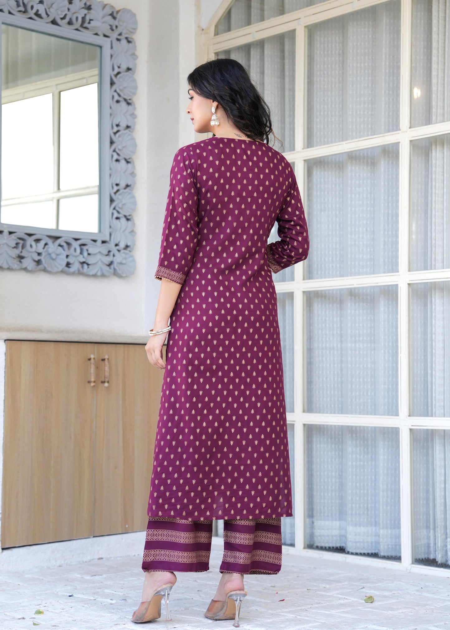 Burgundy Gold Printed Straight Kurta Set With Net Dupatta