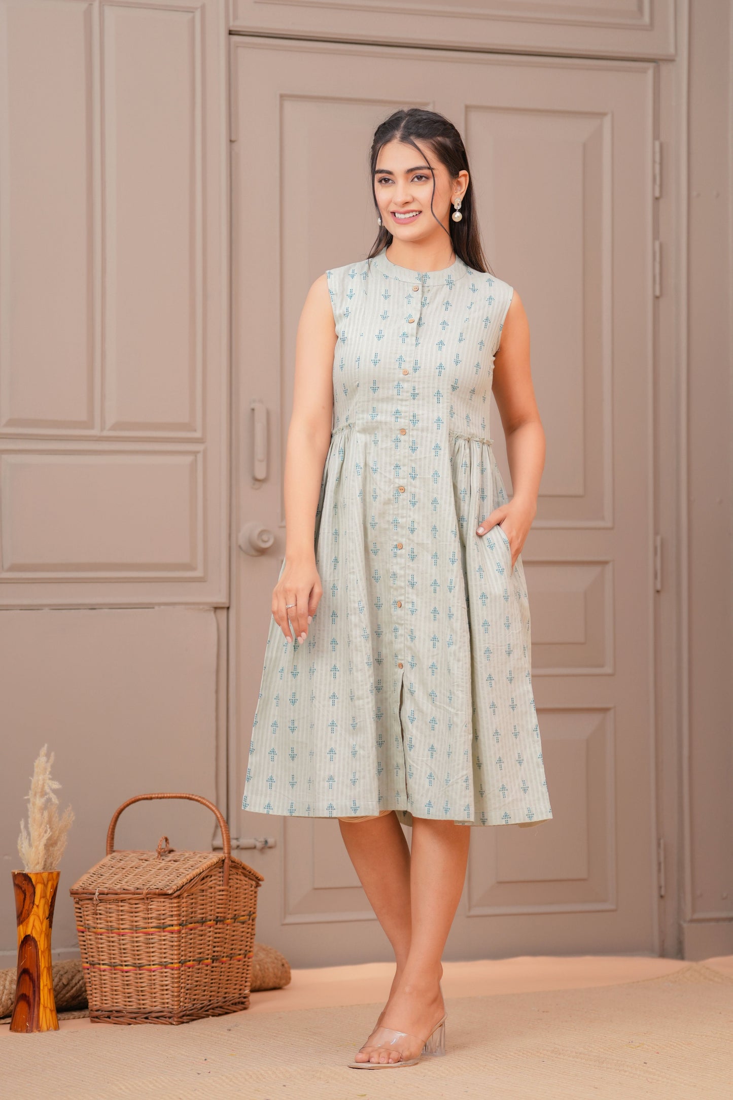 Sage Green Ethnic Printed Flared Dress
