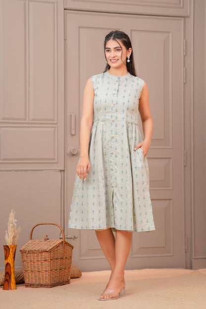 Sage Green Ethnic Printed Flared Dress