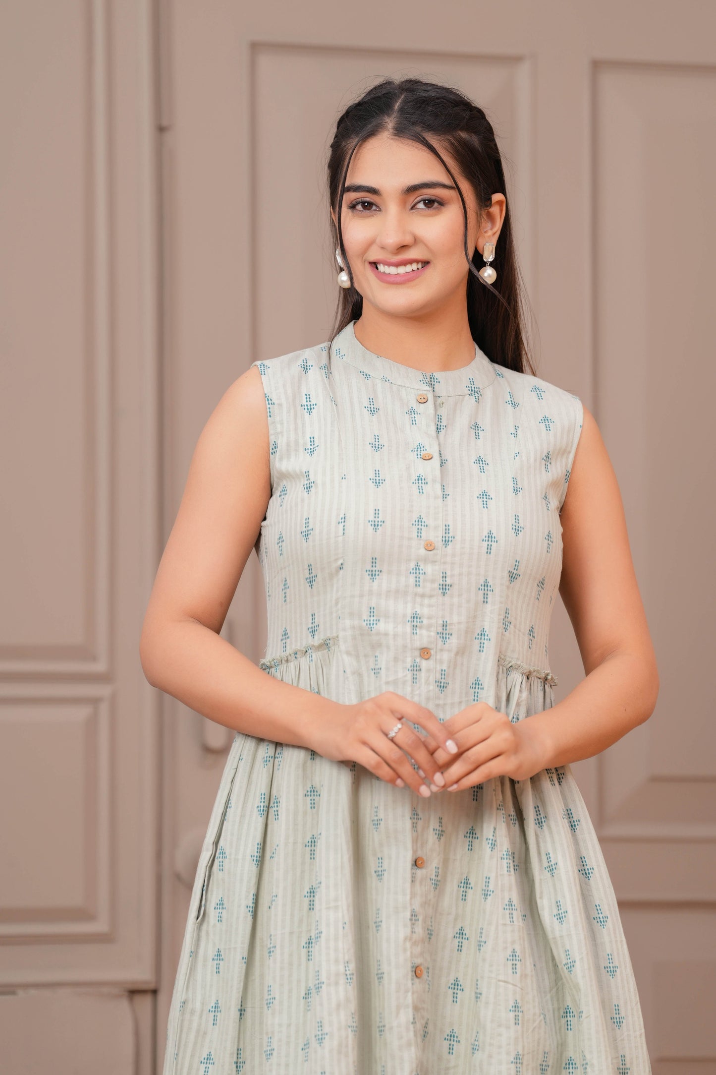 Sage Green Ethnic Printed Flared Dress