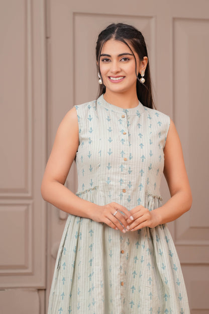 Sage Green Ethnic Printed Flared Dress