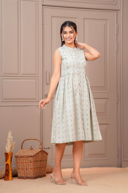 Sage Green Ethnic Printed Flared Dress