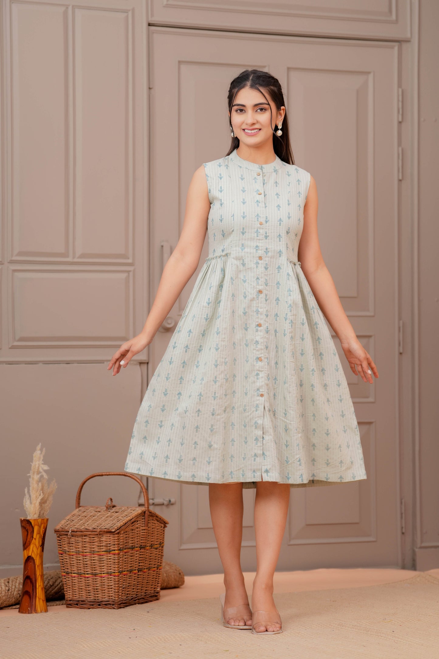 Sage Green Ethnic Printed Flared Dress