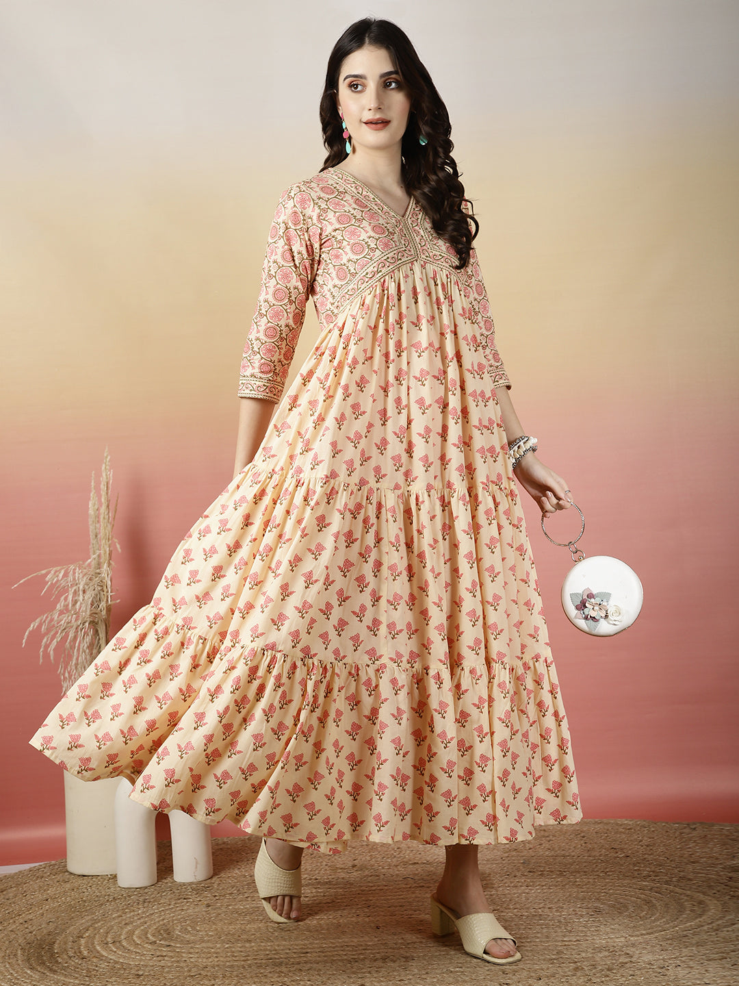 Women Cotton Printed Ankle Length V-Neck Tiered Kurta