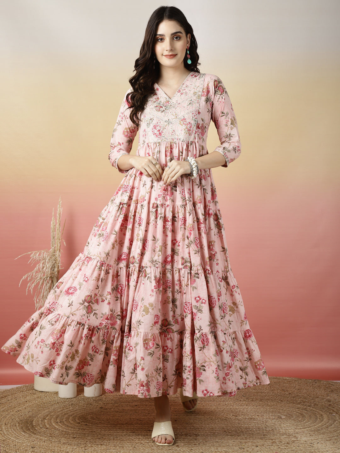 Women Embroidered Cotton Printed Ankle Length V-Neck Tiered Kurta