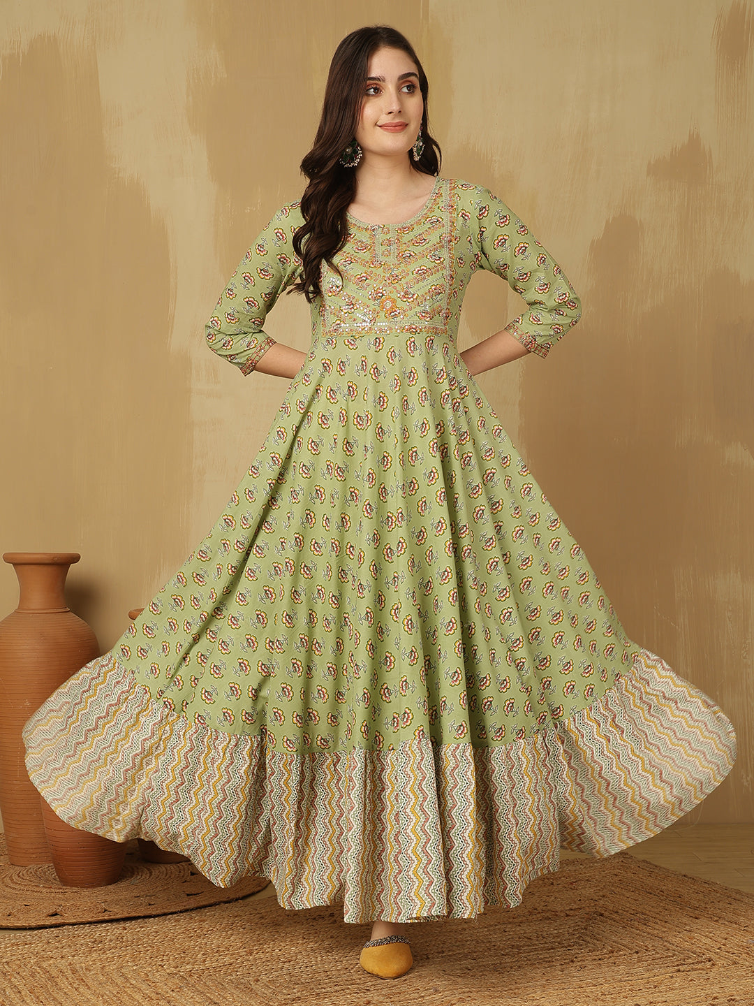Women Embroidered Cotton Printed Ankle Length Round Neck Tiered Kurta