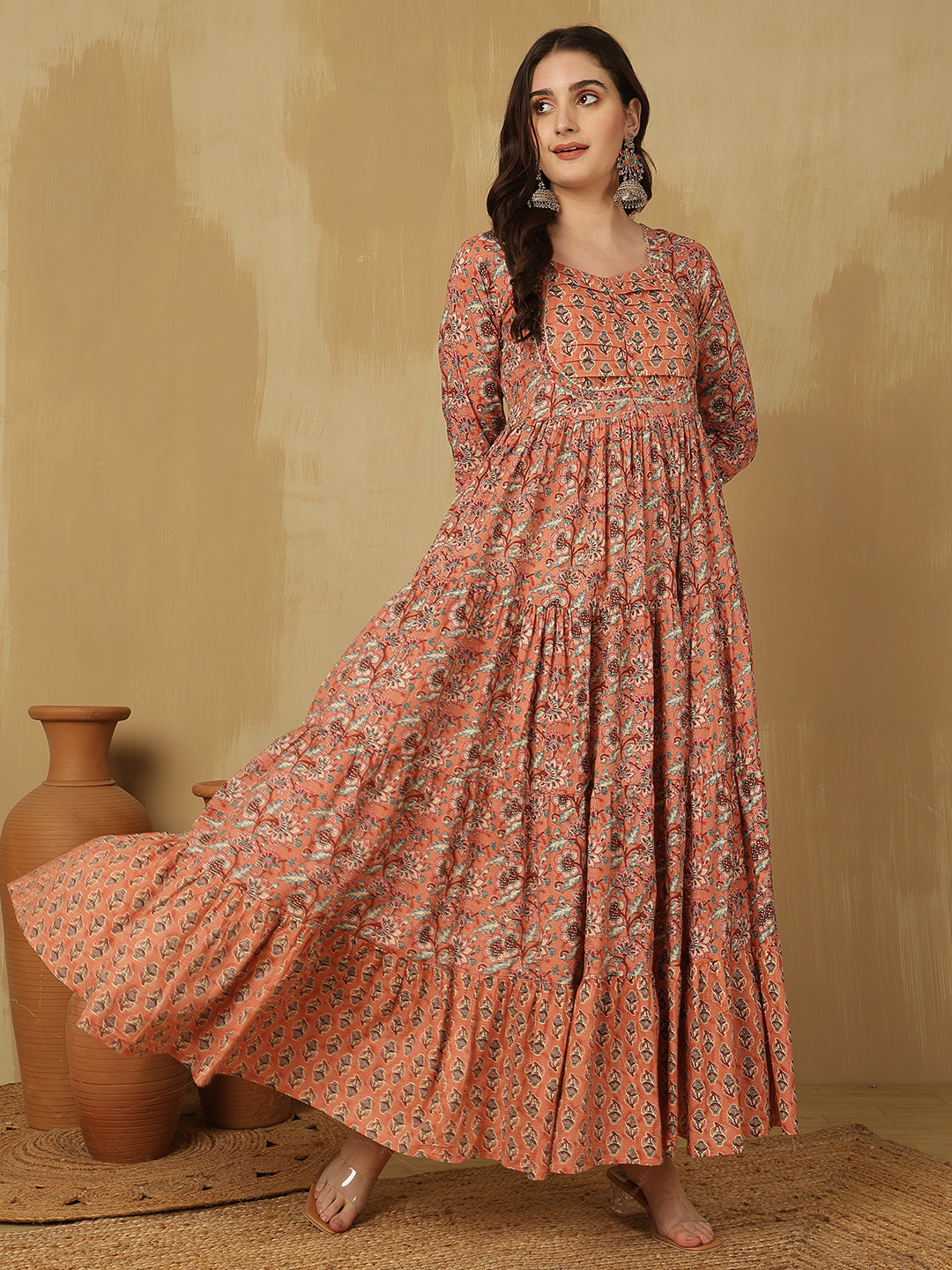 Women Cotton Printed Ankle Length Round Neck Tiered Kurta