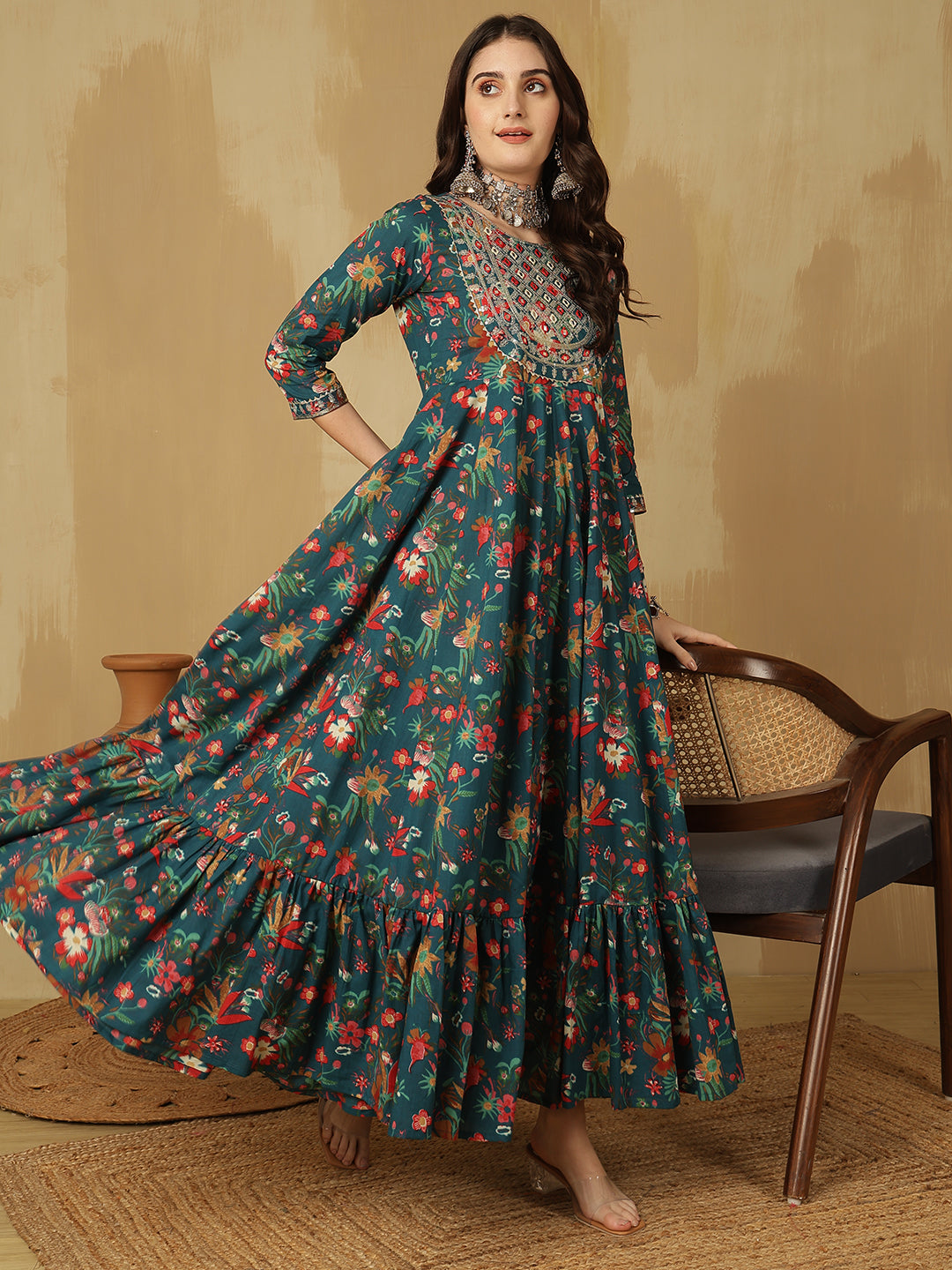 Women Embroidered Cotton Printed Ankle Length Round Neck Tiered Kurta