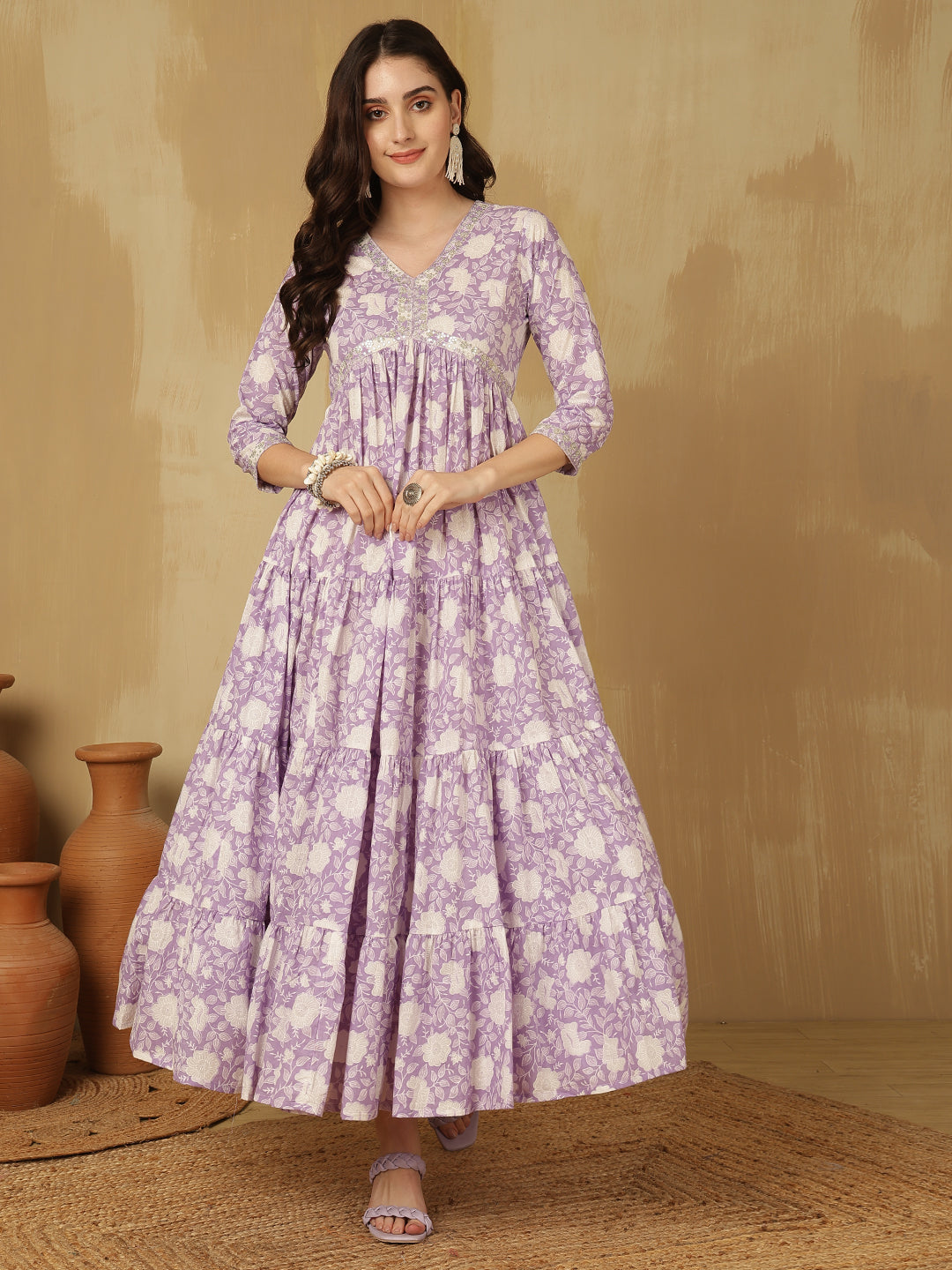 Women Embroidered Cotton Printed Ankle Length V-Neck Tiered Kurta