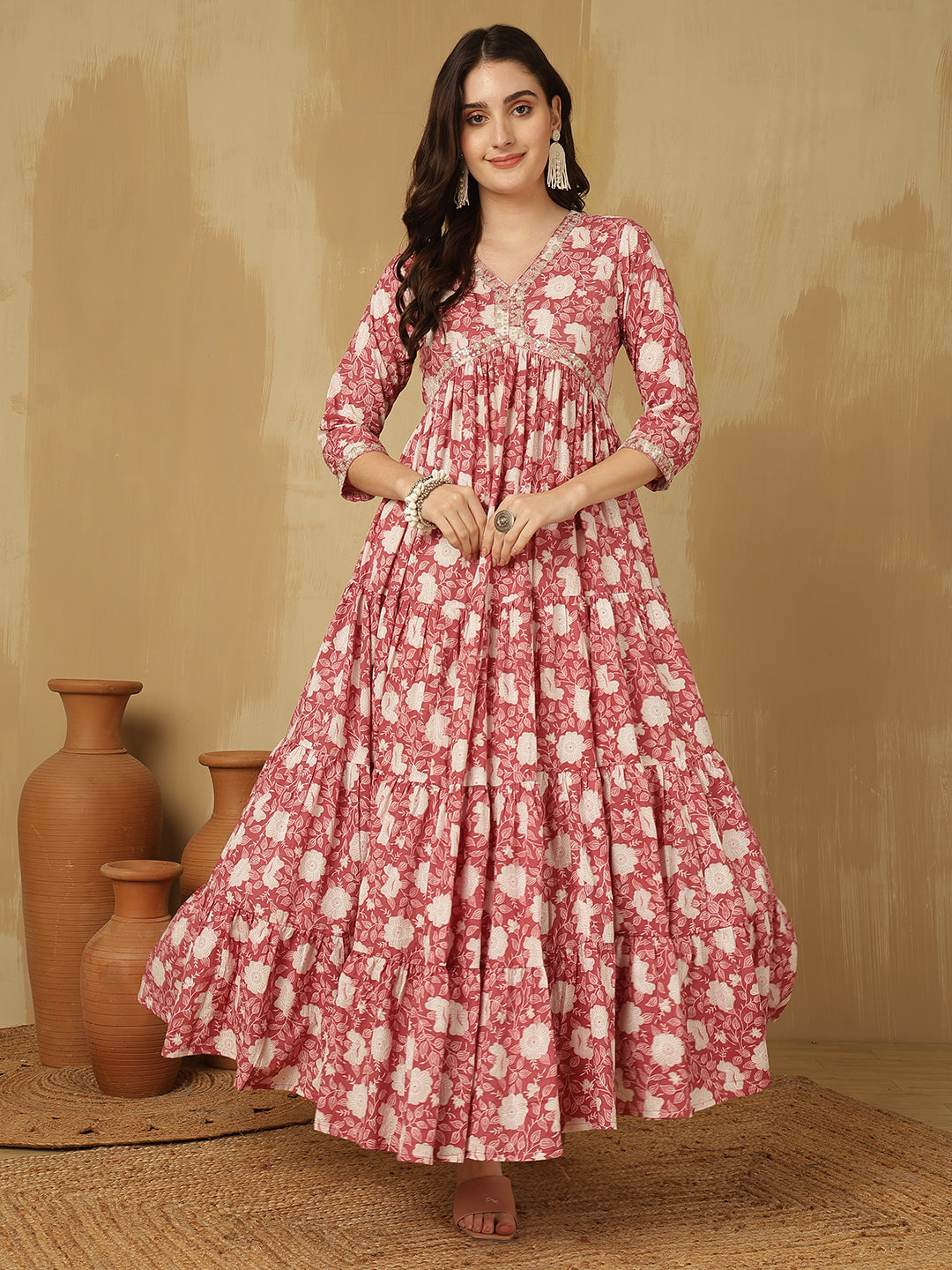 Women Embroidered Cotton Printed Ankle Length V-Neck Tiered Kurta