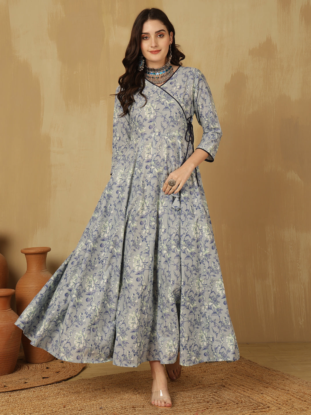 Women Cotton Printed Ankle Length V-Neck Anarkali Kurta