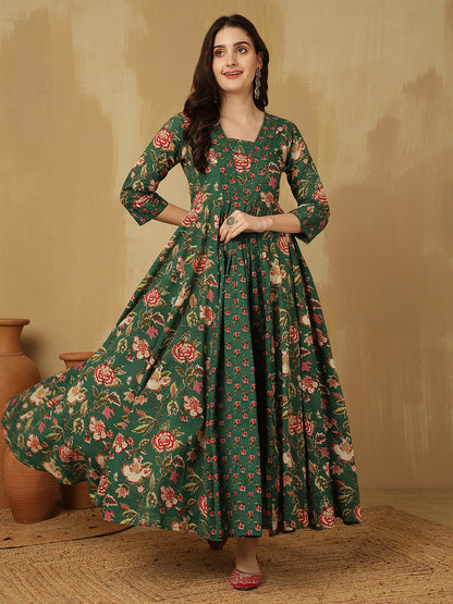Glam Roots green cotton printed anarkali kurta – wholesale supplier