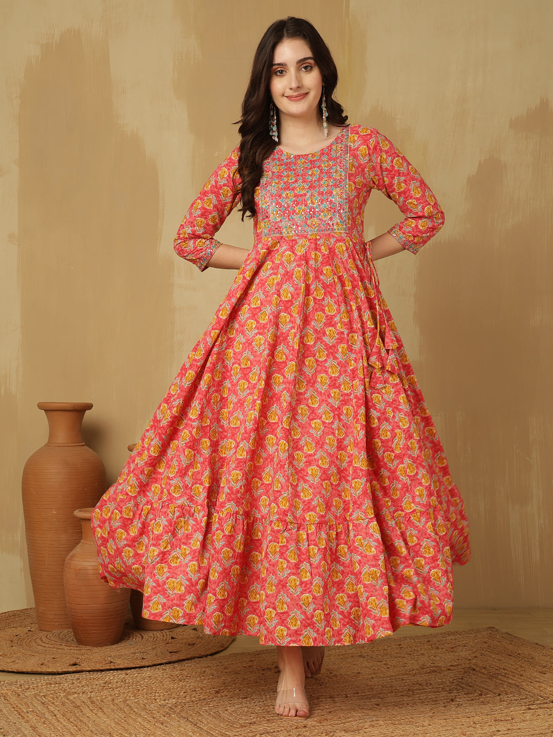 Women Embroidered Cotton Printed Ankle Length Round Neck Tiered Kurta