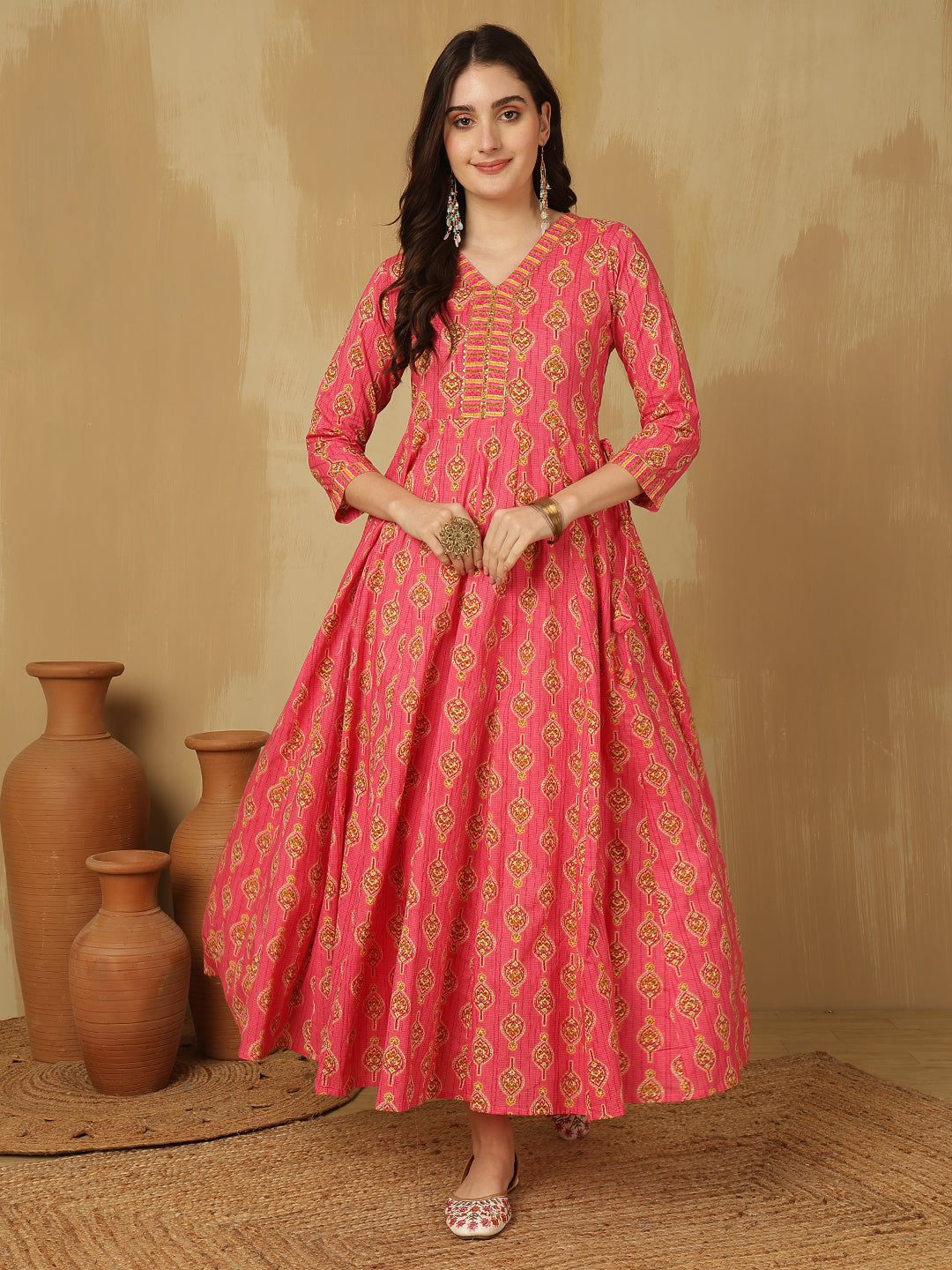 Women Cotton Printed Ankle Length V-Neck Anarkali Kurta