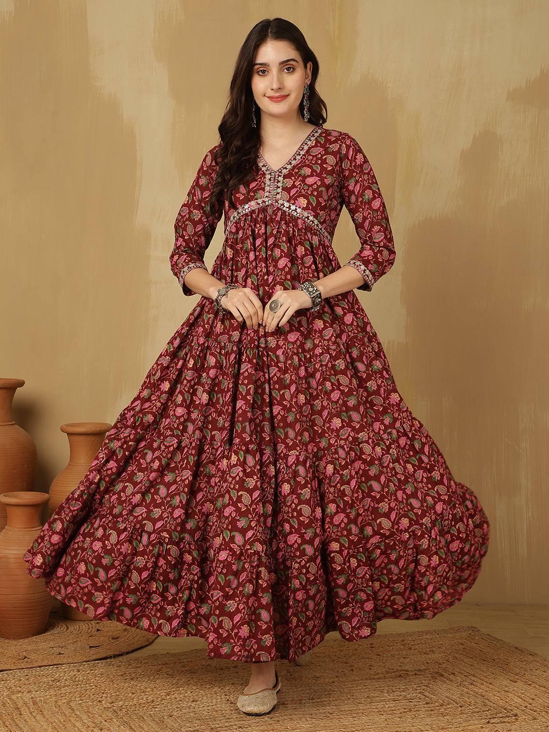 Women Embroidered Cotton Printed Ankle Length V-Neck Tiered Kurta