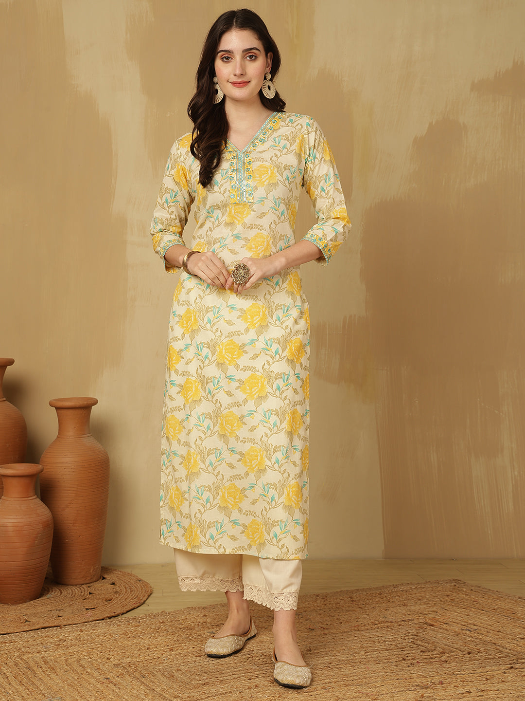 Women Embroidered Cotton Printed Calf Length V-Neck Straight Kurta