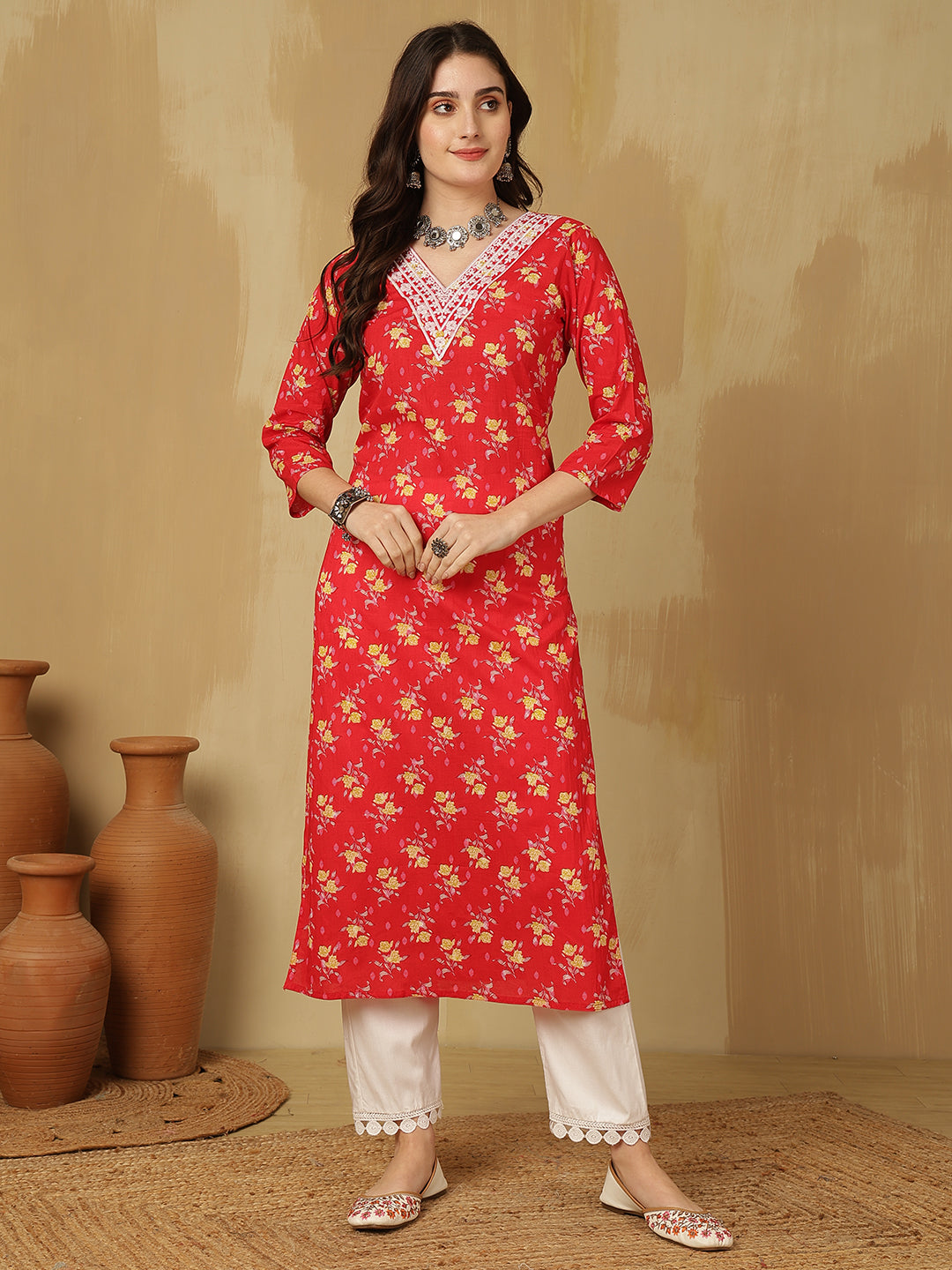 Women Embroidered Cotton Printed Calf Length V-Neck Straight Kurta